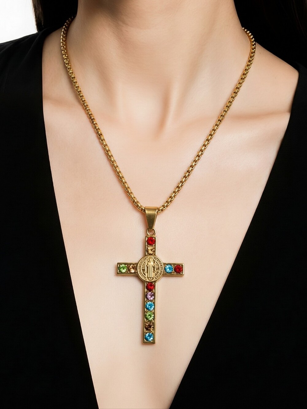 St Benedict Cross Necklace Multicolor Crystal Catholic Medal Gold 24" Chain New